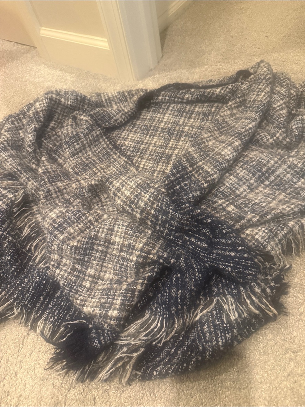 Cozy Navy & White Woven Fringe shawl/wrap.